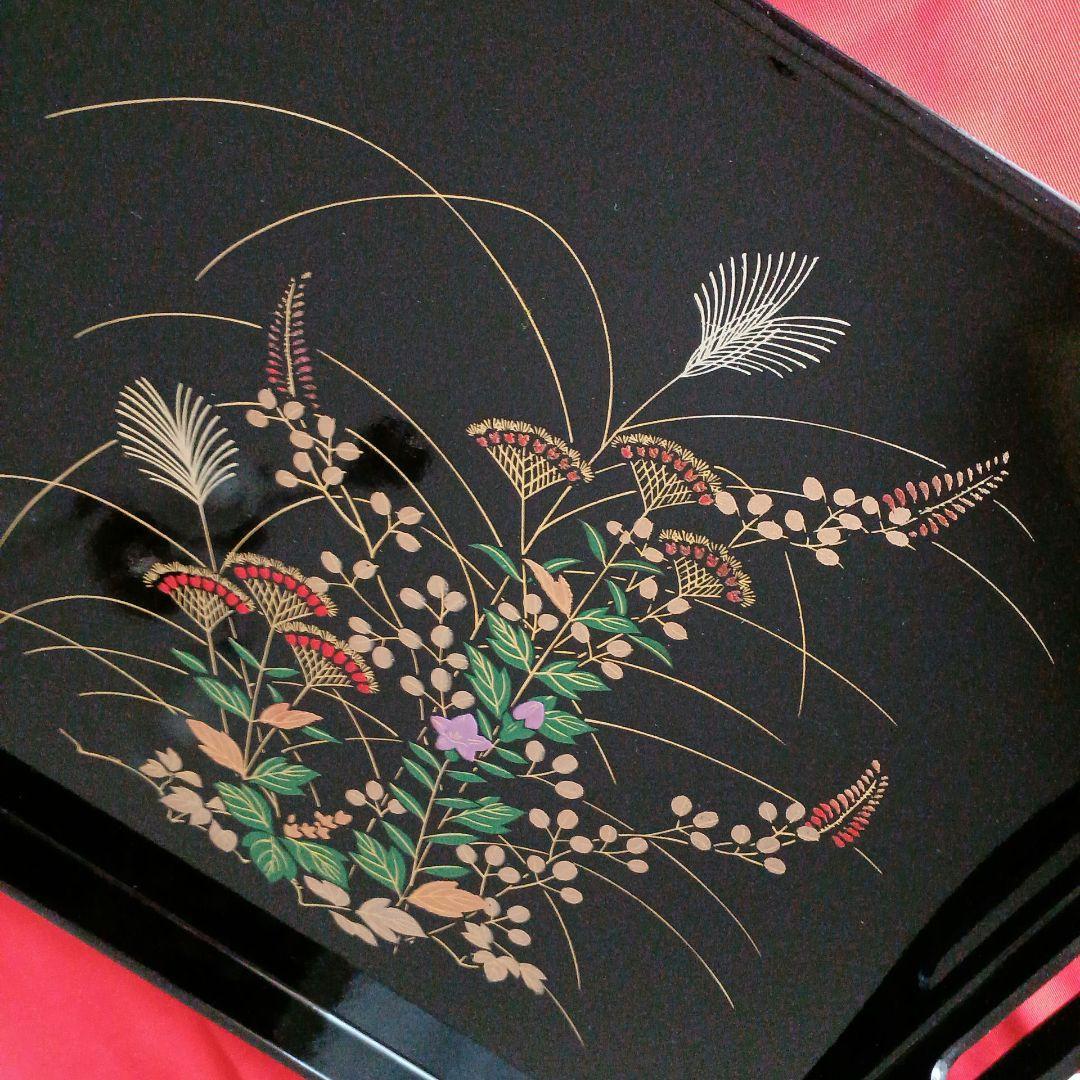 長角盆 漆塗り 和盆　草花金彩模様　長盆 角盆　木製漆器盆　スクエア型 トレイ