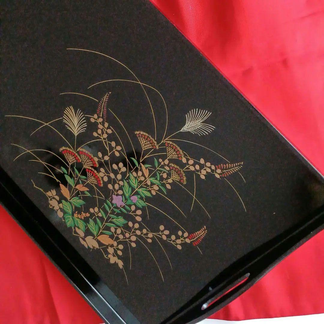 長角盆 漆塗り 和盆　草花金彩模様　長盆 角盆　木製漆器盆　スクエア型 トレイ
