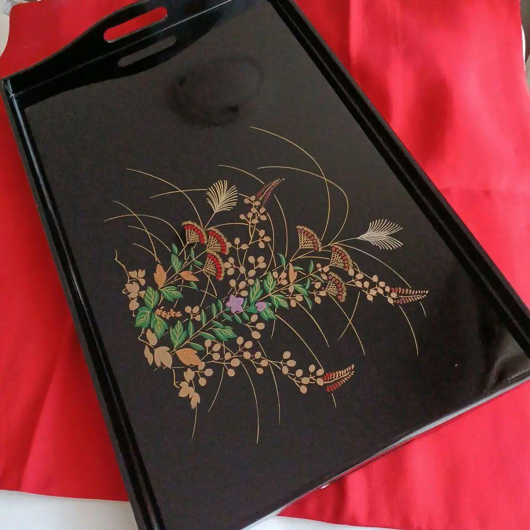 長角盆 漆塗り 和盆　草花金彩模様　長盆 角盆　木製漆器盆　スクエア型 トレイ