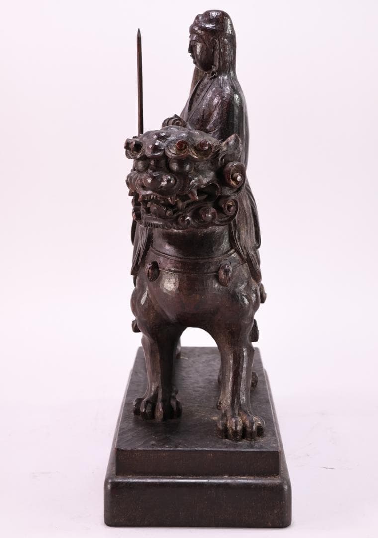 でこい　石崎秀峰 勤作 「 木彫 文殊菩薩 」 金銘　共箱 高さ37.5㎝