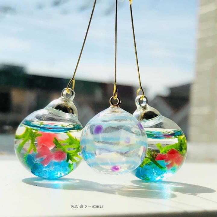 揺れる金魚鉢と水玉模様のヨーヨー和風ピアス　イヤリング(初夏コーデ3点セット