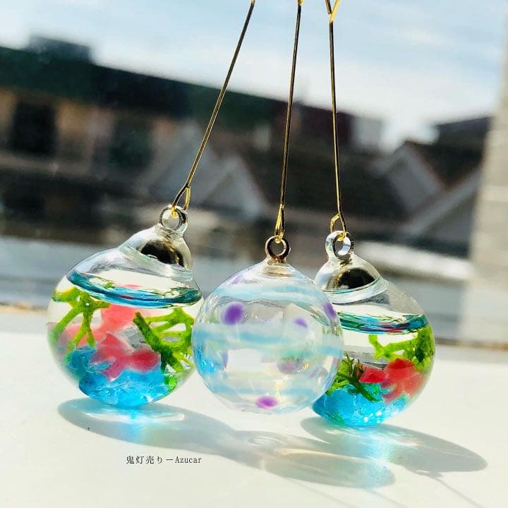 揺れる金魚鉢と水玉模様のヨーヨー和風ピアス　イヤリング(初夏コーデ3点セット