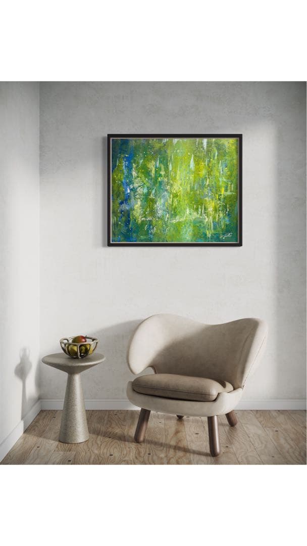 原画　73×60cm「美しき緑の星」現代アート　額縁付