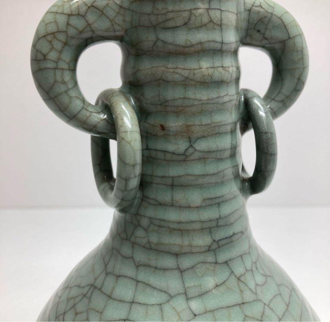 中国古窯哥窯青磁環付花入　口3.5cm 高21.3cm