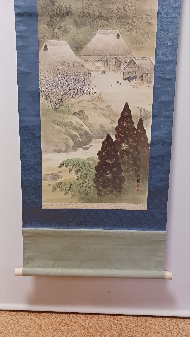 掛軸　肉筆　丸山石根　農繁風景之図　自題共箱　絹本着色　古美術　骨董