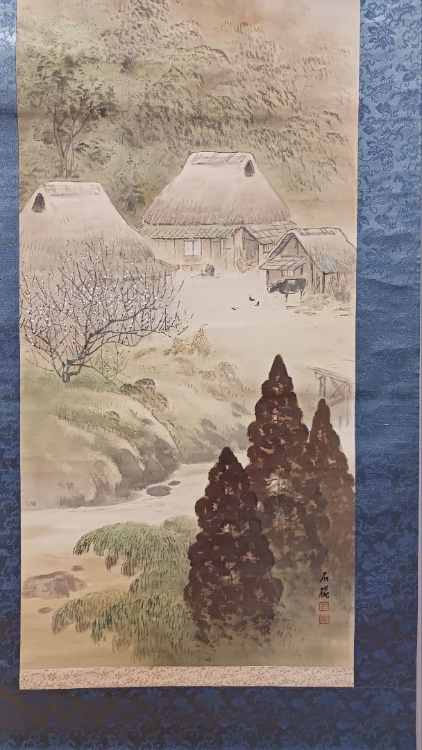 掛軸　肉筆　丸山石根　農繁風景之図　自題共箱　絹本着色　古美術　骨董