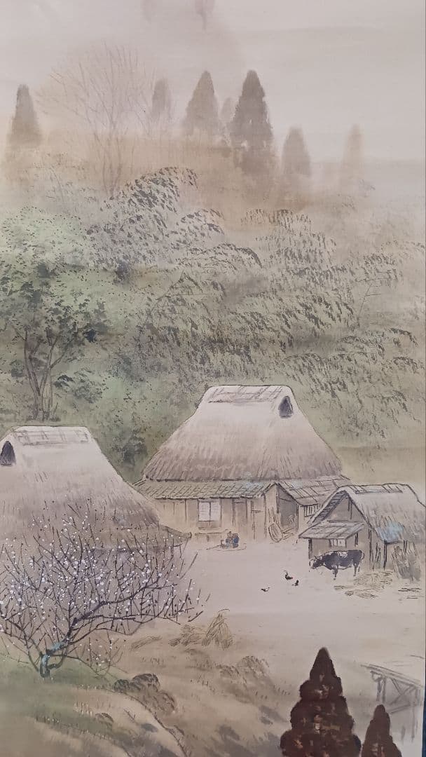 掛軸　肉筆　丸山石根　農繁風景之図　自題共箱　絹本着色　古美術　骨董