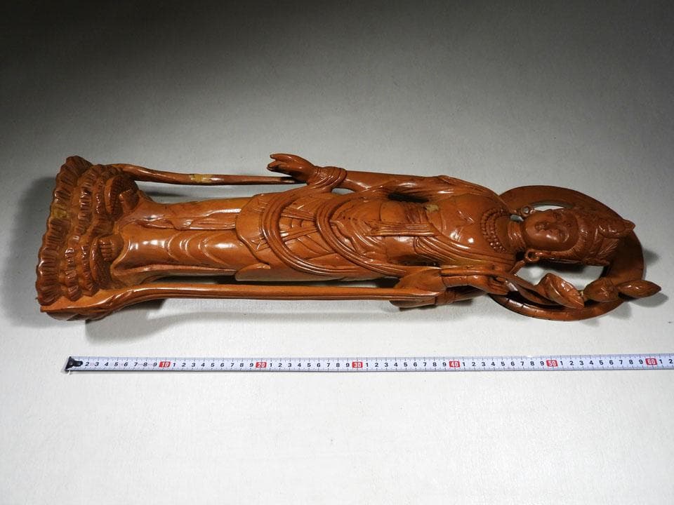 ●一刀彫 蓮花観音 仏像 立像60cm 仏教美術 東洋彫刻 オブジェ（単）