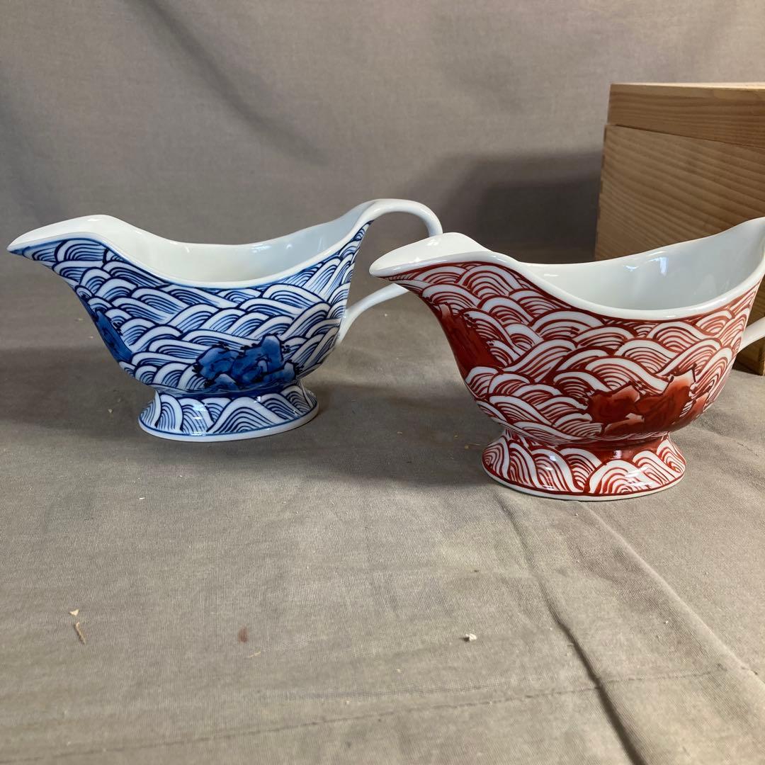 【源右衛門】古伊万里の伝統　日本の名窯　舘林源右衛門作　紺朱岩波紋　調味入二個