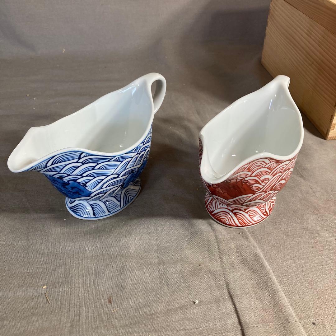 【源右衛門】古伊万里の伝統　日本の名窯　舘林源右衛門作　紺朱岩波紋　調味入二個