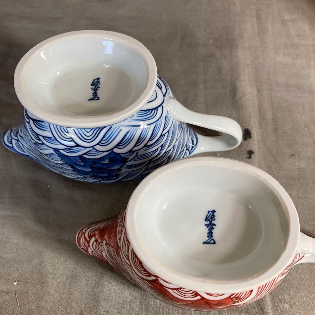 【源右衛門】古伊万里の伝統　日本の名窯　舘林源右衛門作　紺朱岩波紋　調味入二個