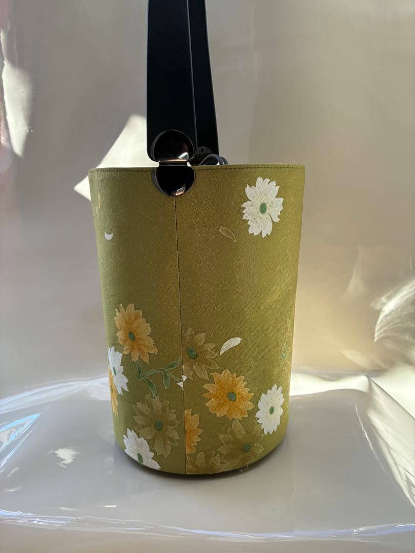 帯リメイク花柄オリーブグリーン円筒ハンドバッグ☆26-1