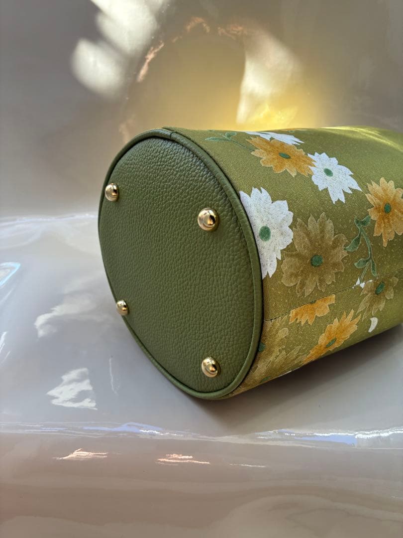 帯リメイク花柄オリーブグリーン円筒ハンドバッグ☆26-1