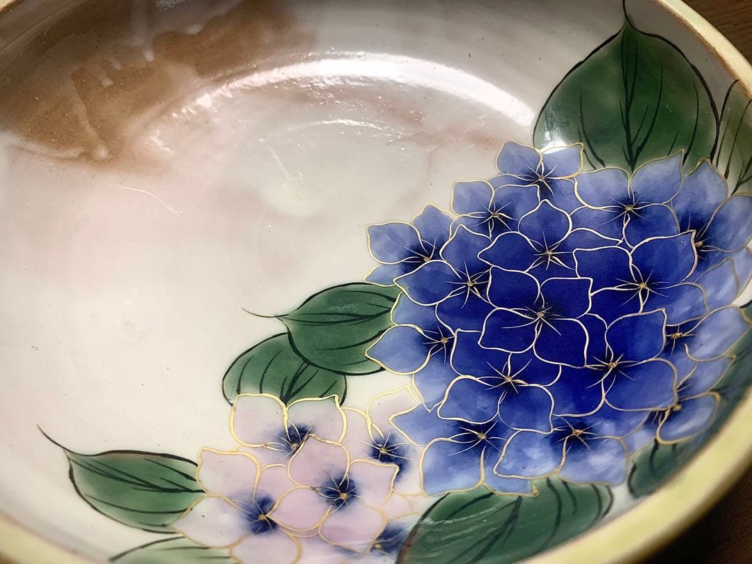 【未使用】京焼・清水焼 陶あん窯 紫陽花 手描き 金彩 深鉢