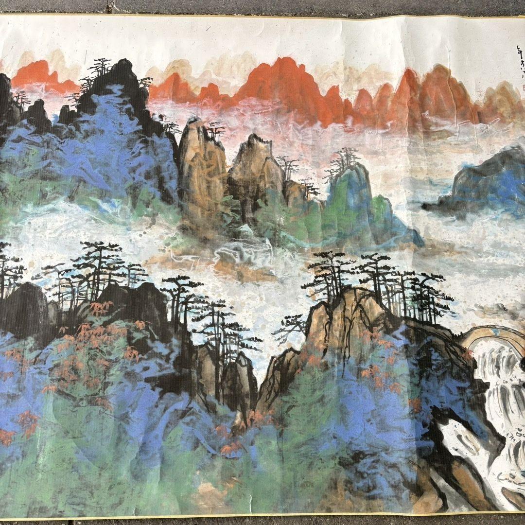 近代 彩墨山水 長巻 掛軸 約90×326cm