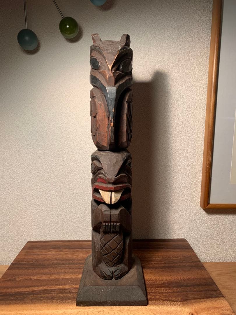 トリンギット族 トーテムポール アラスカ カナダ フォークアート 木彫 銘あり