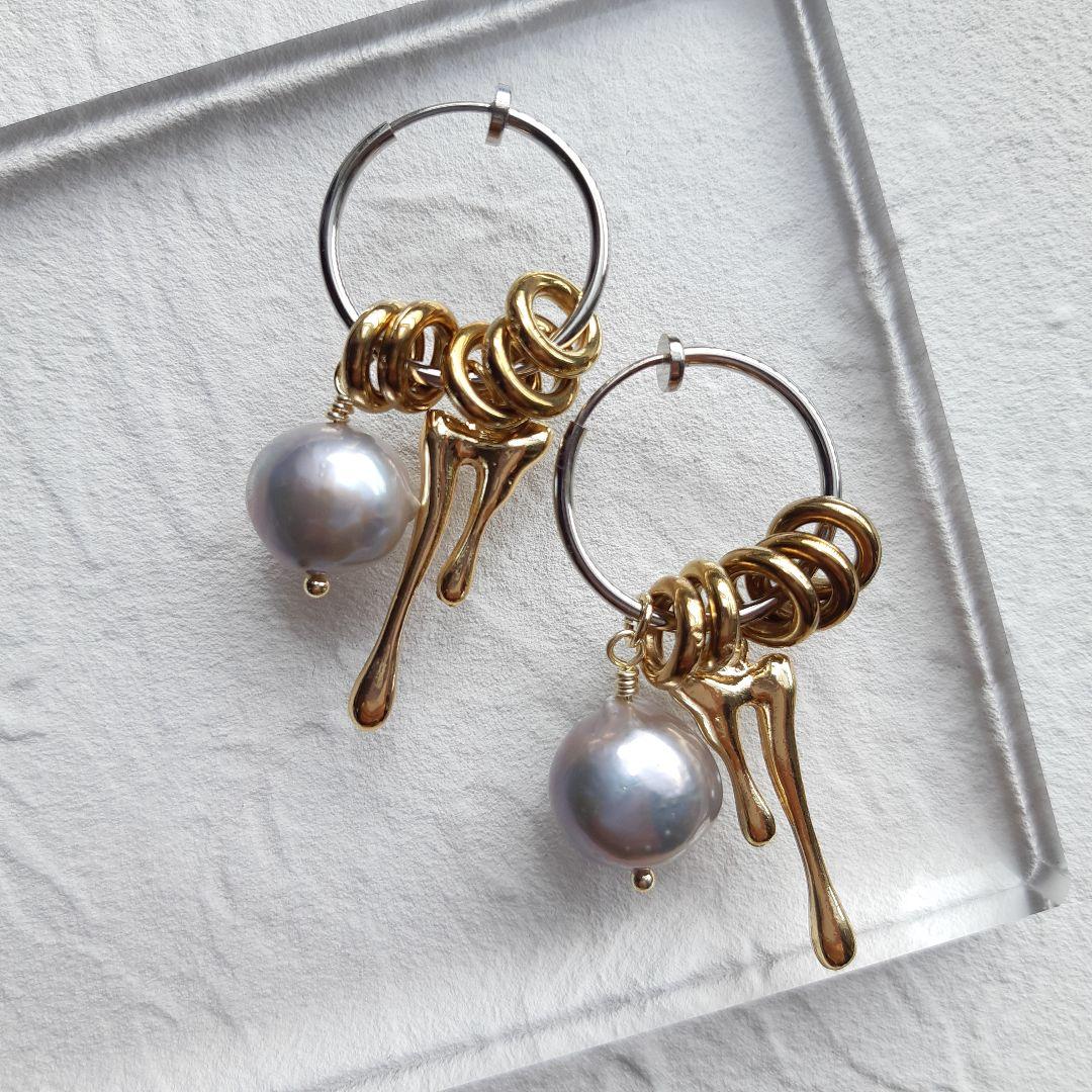 着せ替え ゴールド&シルバー 淡水パール の フープイヤリング ハンドメイド