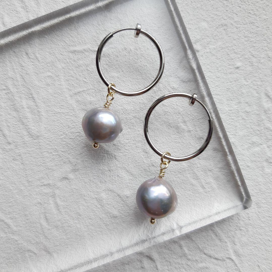 着せ替え ゴールド&シルバー 淡水パール の フープイヤリング ハンドメイド