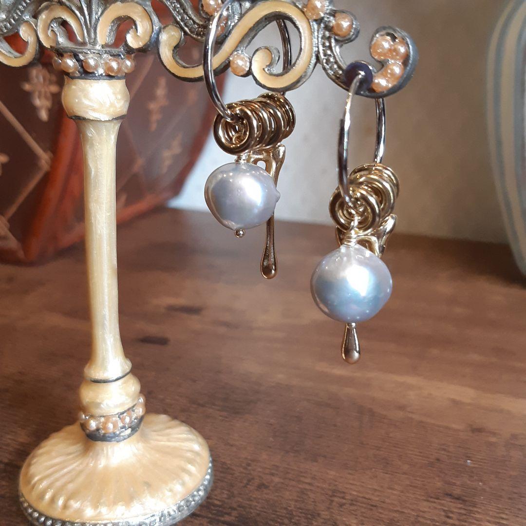 着せ替え ゴールド&シルバー 淡水パール の フープイヤリング ハンドメイド