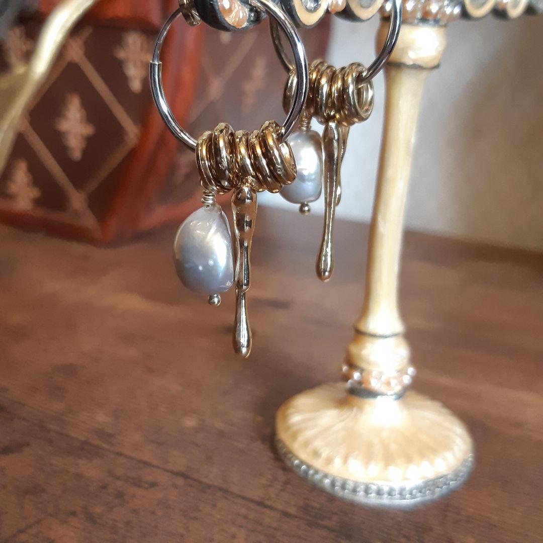 着せ替え ゴールド&シルバー 淡水パール の フープイヤリング ハンドメイド