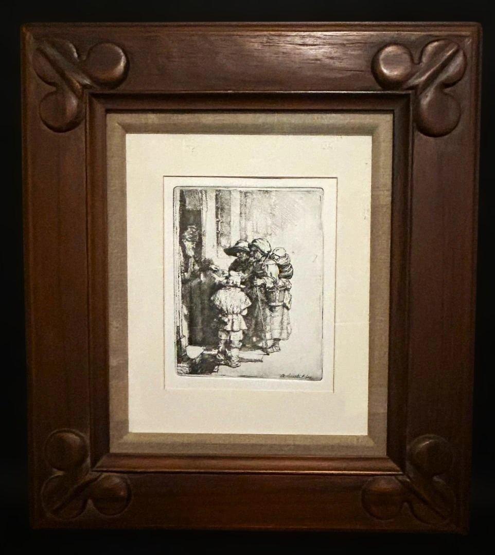 ◆レンブラント◆戸口の乞食◆エッチング・老人が戸口で物乞いの家族に施しを与えて