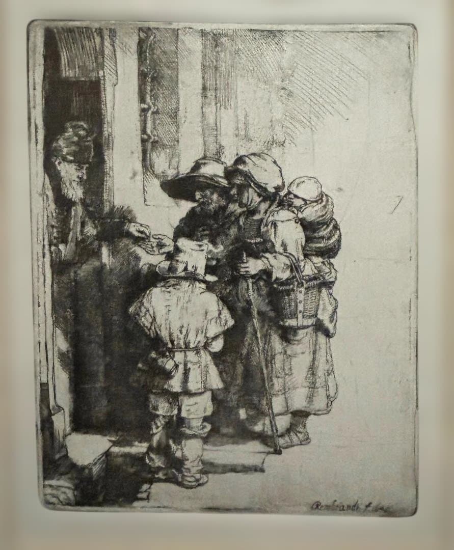 ◆レンブラント◆戸口の乞食◆エッチング・老人が戸口で物乞いの家族に施しを与えて