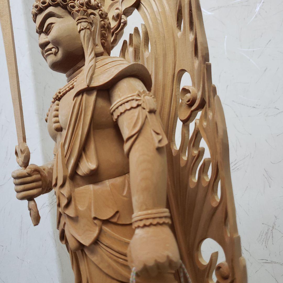 蔵出し特価極上彫り★白木材 不動明王立像１尺立★お不動さん火の鳥彫り