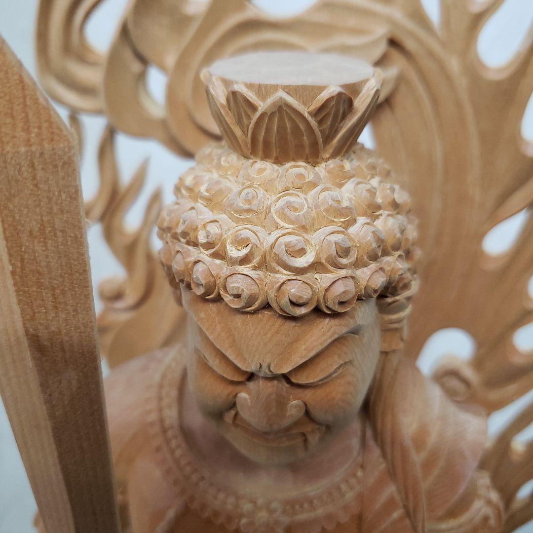 蔵出し特価極上彫り★白木材 不動明王立像１尺立★お不動さん火の鳥彫り