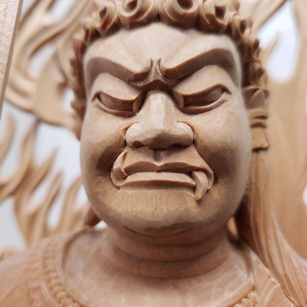 蔵出し特価極上彫り★白木材 不動明王立像１尺立★お不動さん火の鳥彫り