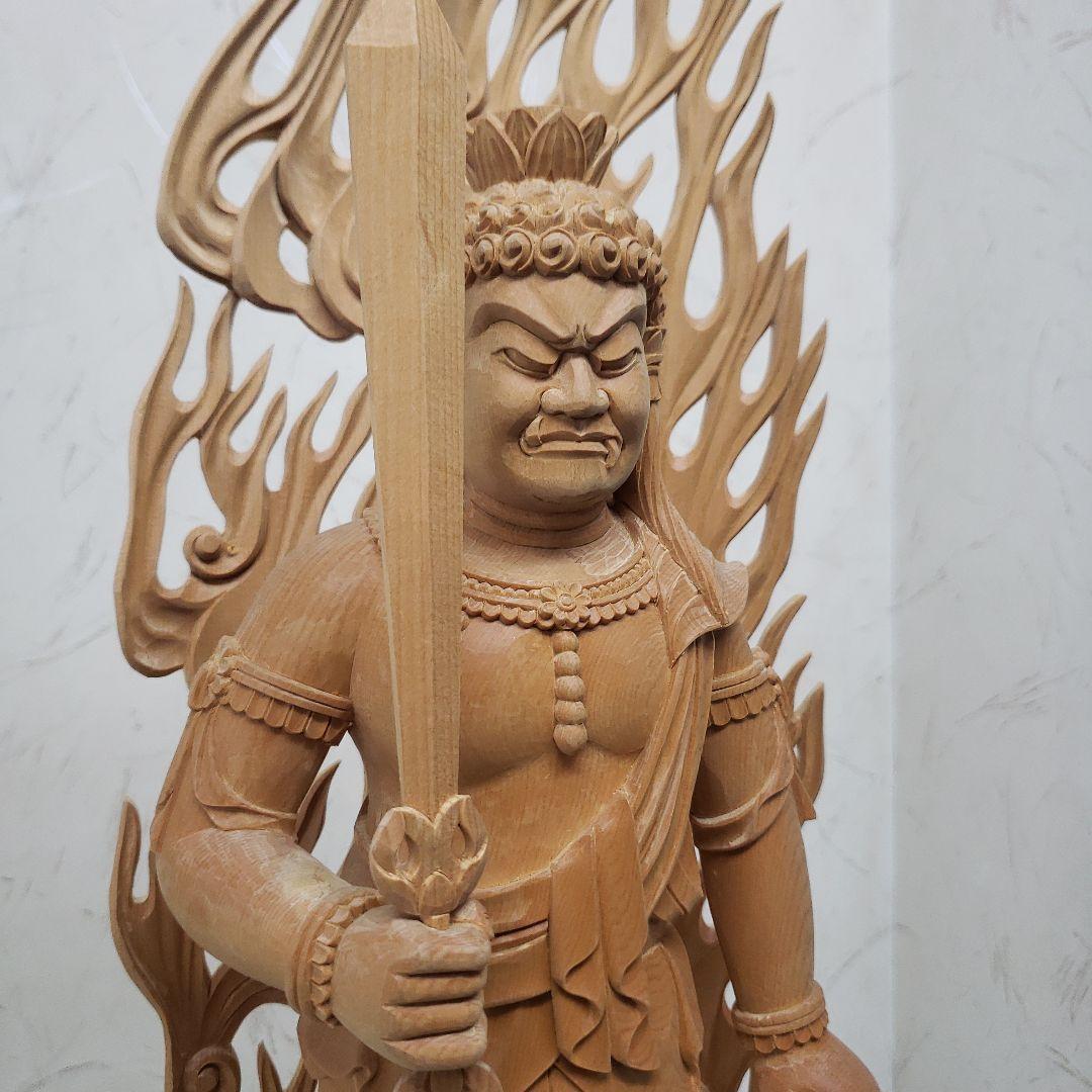 蔵出し特価極上彫り★白木材 不動明王立像１尺立★お不動さん火の鳥彫り