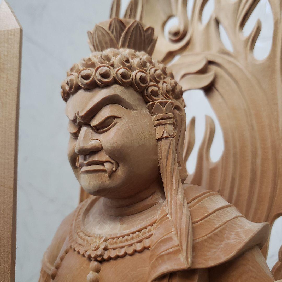蔵出し特価極上彫り★白木材 不動明王立像１尺立★お不動さん火の鳥彫り