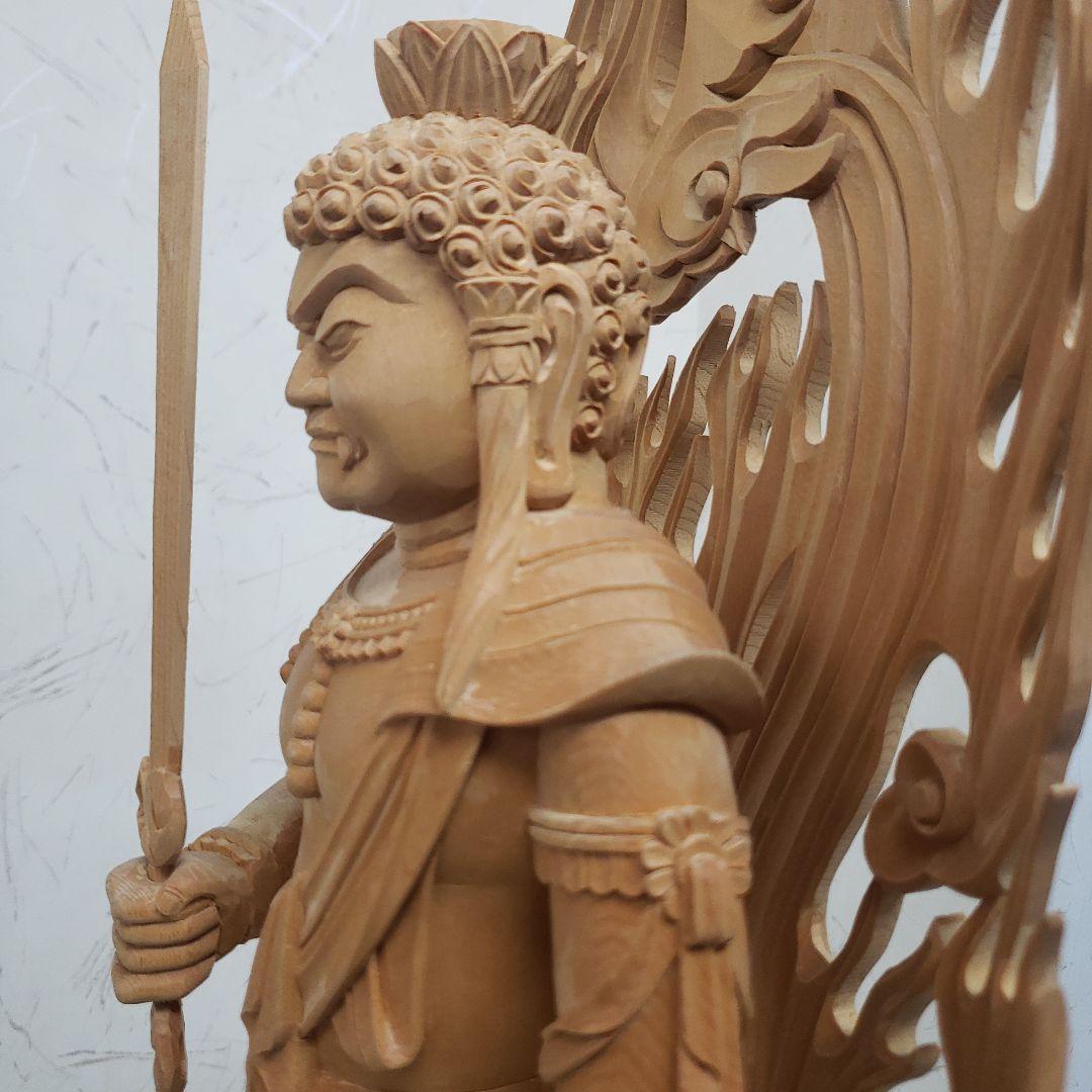 蔵出し特価極上彫り★白木材 不動明王立像１尺立★お不動さん火の鳥彫り