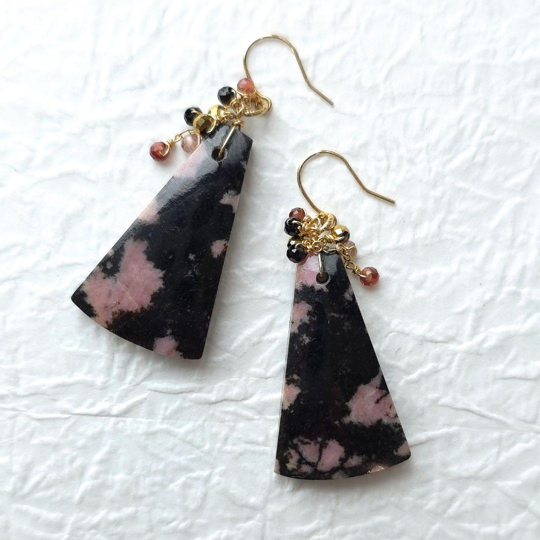 K10YG オブシディアン　スピネル　ヘマタイト　夜桜　ピアス