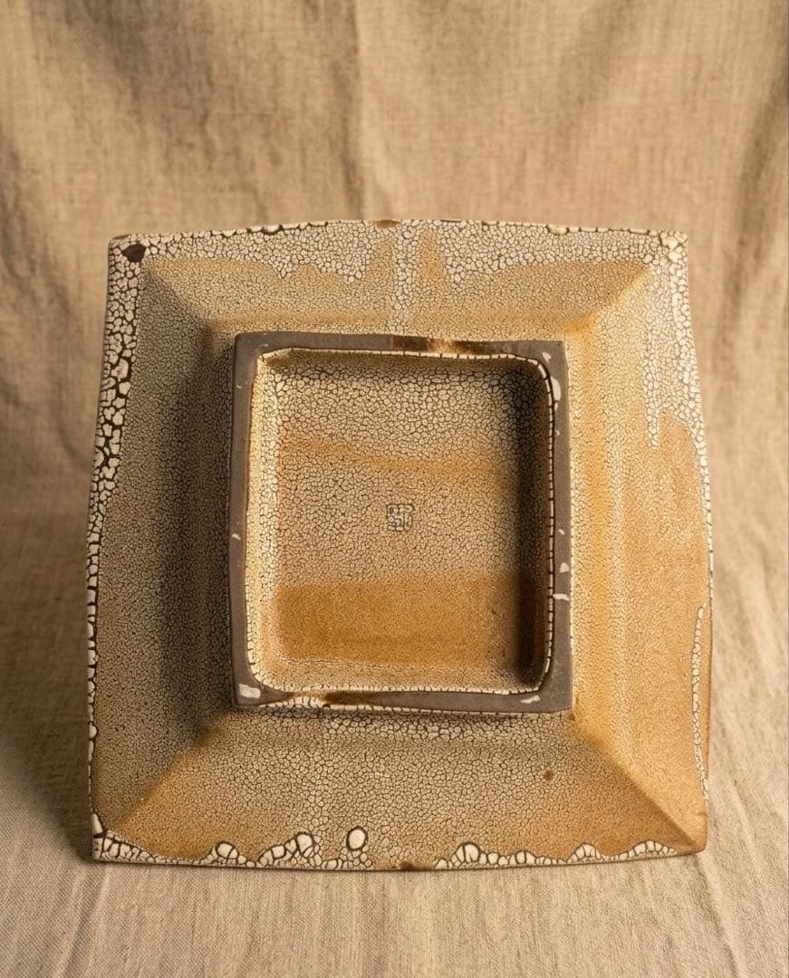 益子焼 渡舟窯 渡辺良一作 梅花皮（かいらぎ）正方皿 大皿 29cm