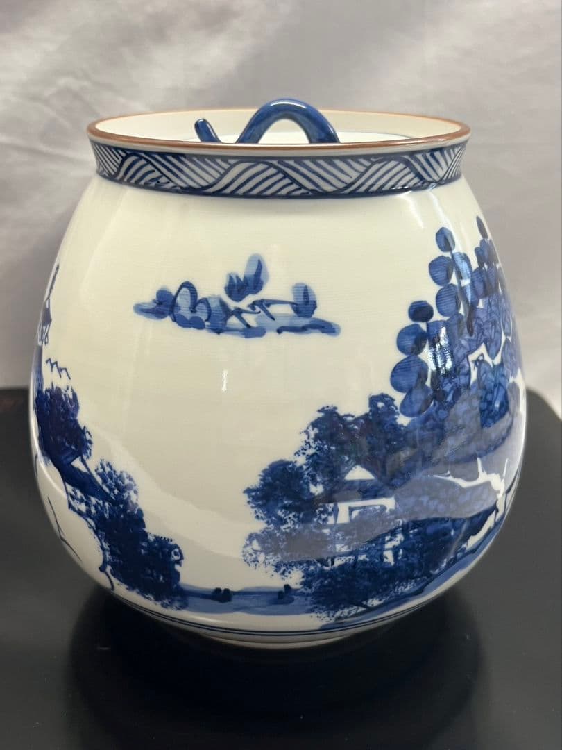 染付近江八景 水指  押小路焼 庄左エ門  茶道具