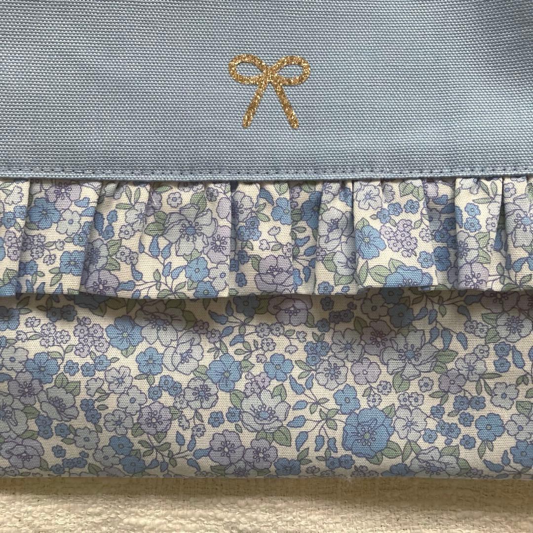 ぽち！小花柄フリルレッスンバッグ+上履き袋+体操服袋+給食袋　くすみブルー