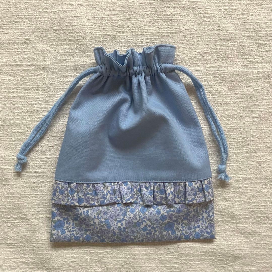 ぽち！小花柄フリルレッスンバッグ+上履き袋+体操服袋+給食袋　くすみブルー