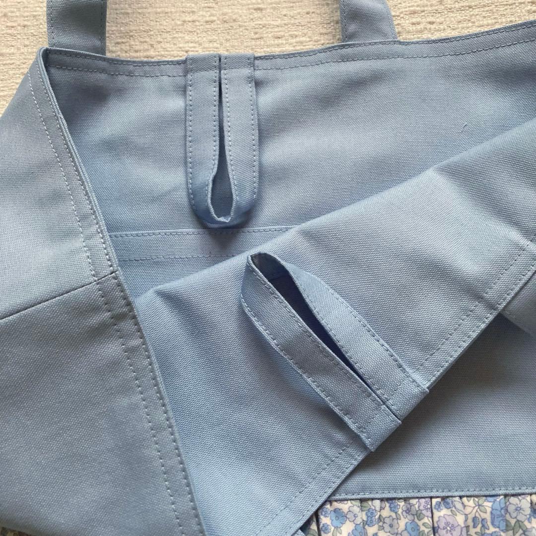 ぽち！小花柄フリルレッスンバッグ+上履き袋+体操服袋+給食袋　くすみブルー