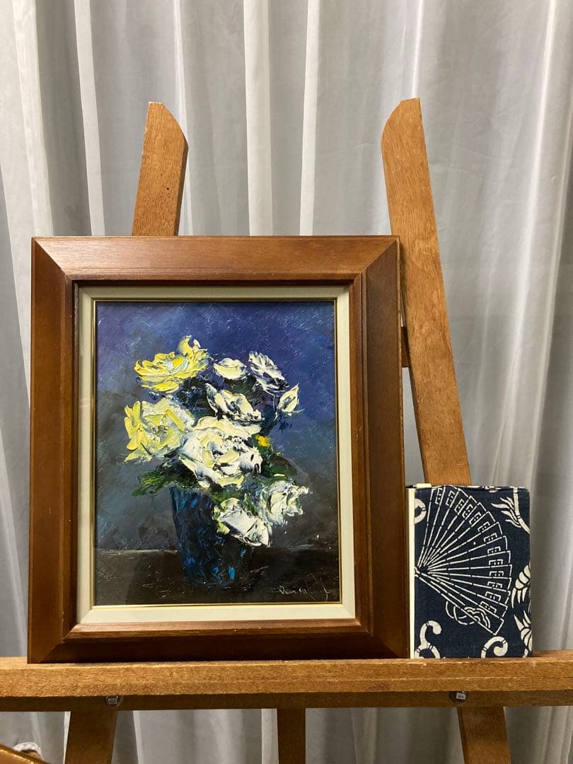 油彩　油絵　静物画　バラの花　作者不詳　Ｆ３号　額装　箱無　デパート販売