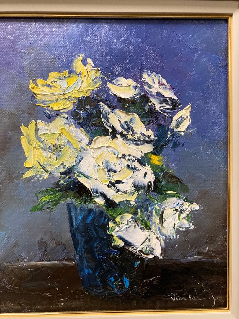 油彩　油絵　静物画　バラの花　作者不詳　Ｆ３号　額装　箱無　デパート販売
