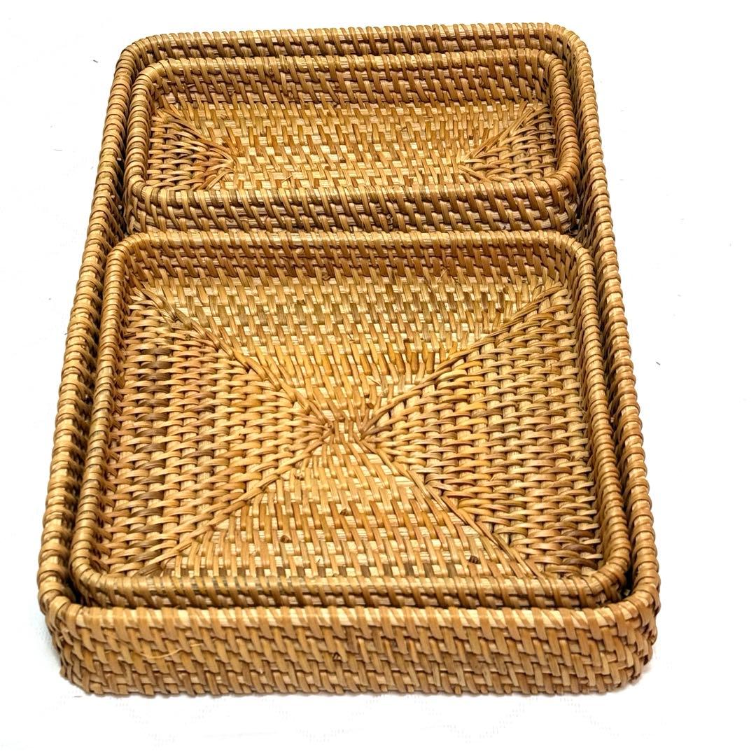 【新品】アジアン雑貨　ラタン浅型バスケット3点セット 収納トレー　ベトナム直輸入