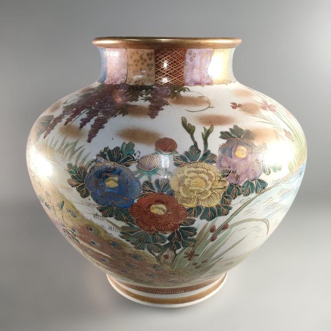 A1389-8/薩摩焼/金襴手色絵花鳥図花瓶/飾壺/花入/花器/華道具/