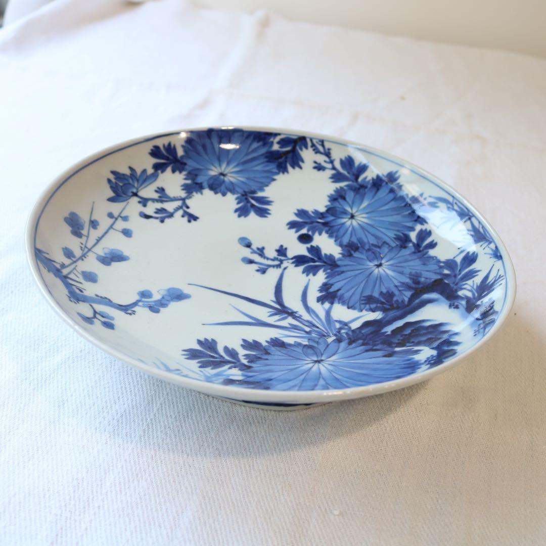 時代　染付の美しき四君子　高台皿　明治プレート盛皿大皿（骨董古美術古伊万里鍋島焼