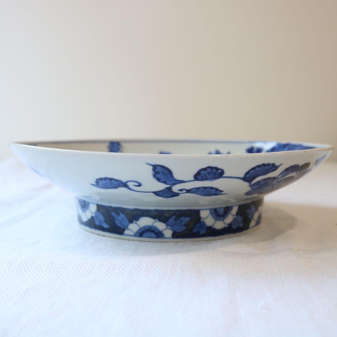 時代　染付の美しき四君子　高台皿　明治プレート盛皿大皿（骨董古美術古伊万里鍋島焼