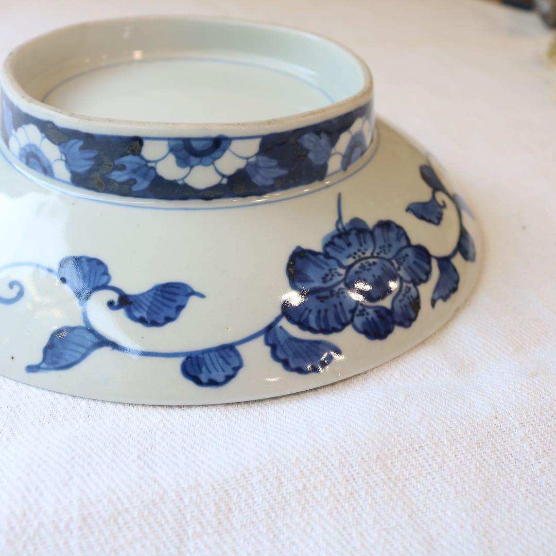 時代　染付の美しき四君子　高台皿　明治プレート盛皿大皿（骨董古美術古伊万里鍋島焼