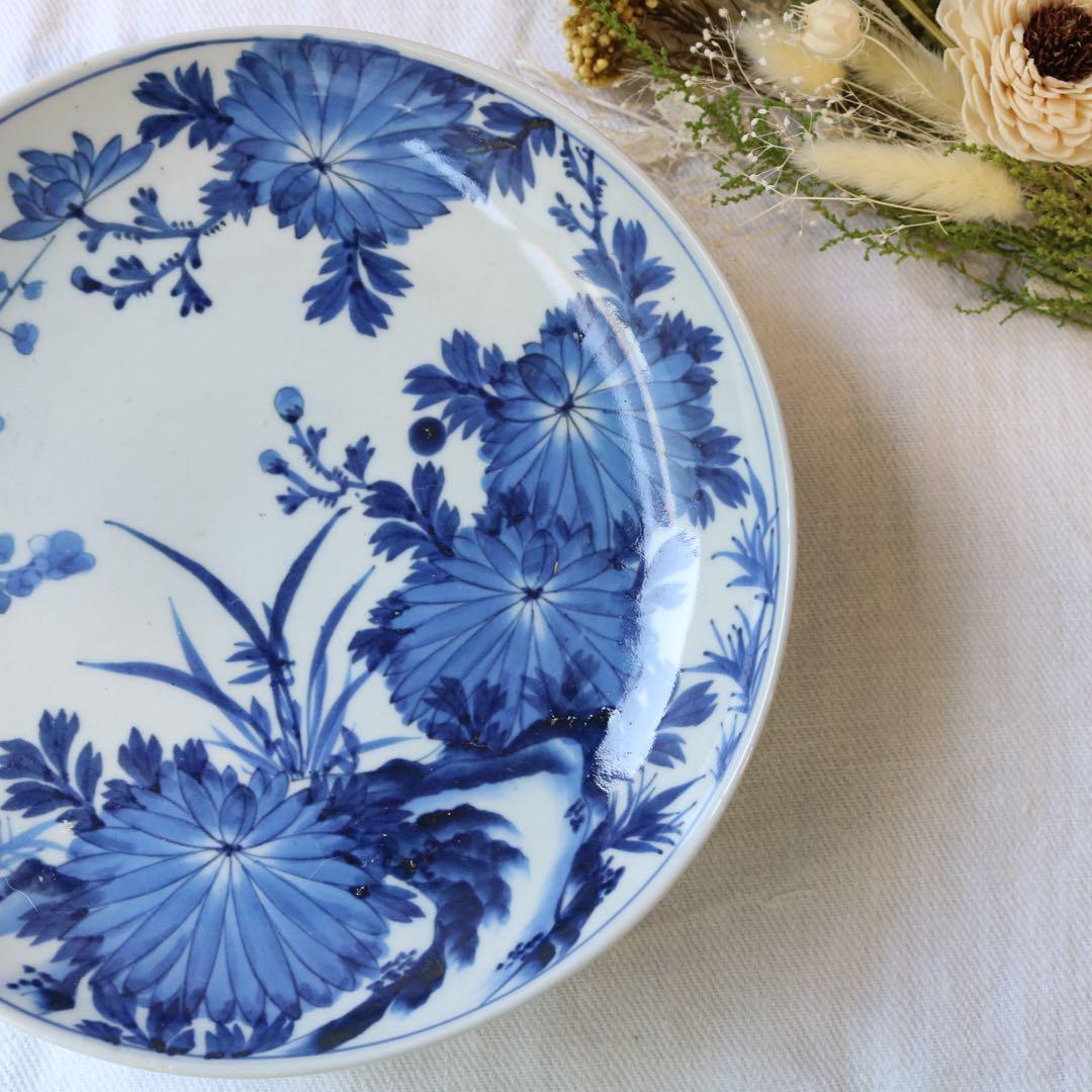時代　染付の美しき四君子　高台皿　明治プレート盛皿大皿（骨董古美術古伊万里鍋島焼