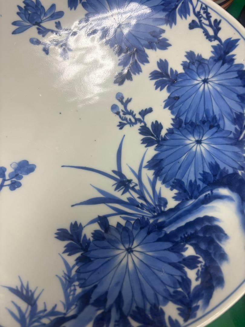 時代　染付の美しき四君子　高台皿　明治プレート盛皿大皿（骨董古美術古伊万里鍋島焼