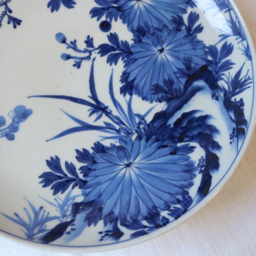 時代　染付の美しき四君子　高台皿　明治プレート盛皿大皿（骨董古美術古伊万里鍋島焼