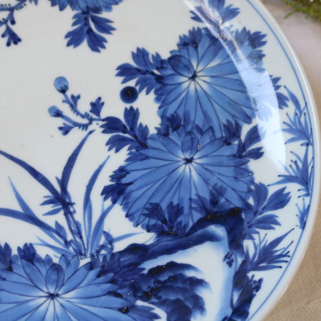 時代　染付の美しき四君子　高台皿　明治プレート盛皿大皿（骨董古美術古伊万里鍋島焼