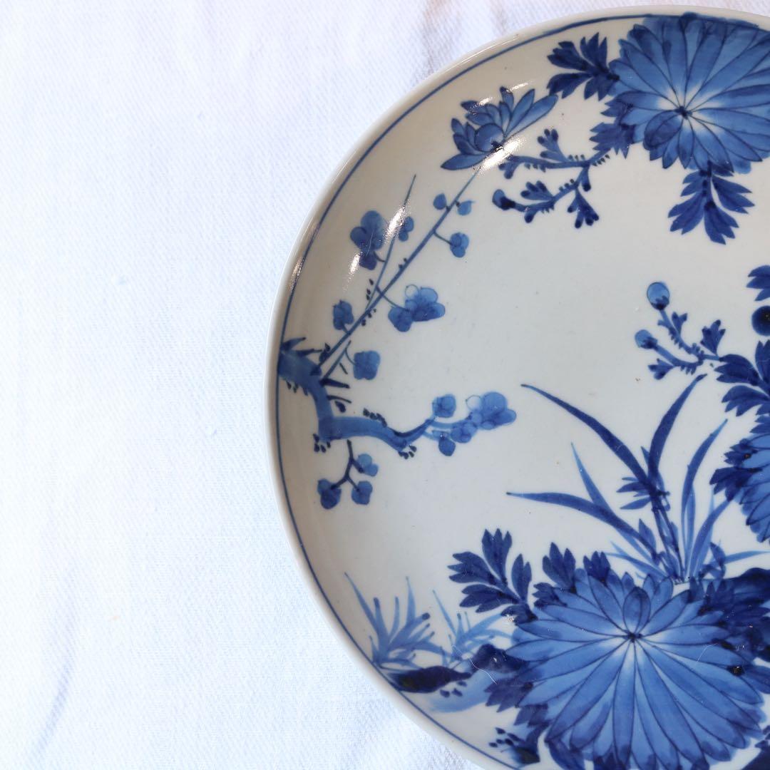 時代　染付の美しき四君子　高台皿　明治プレート盛皿大皿（骨董古美術古伊万里鍋島焼